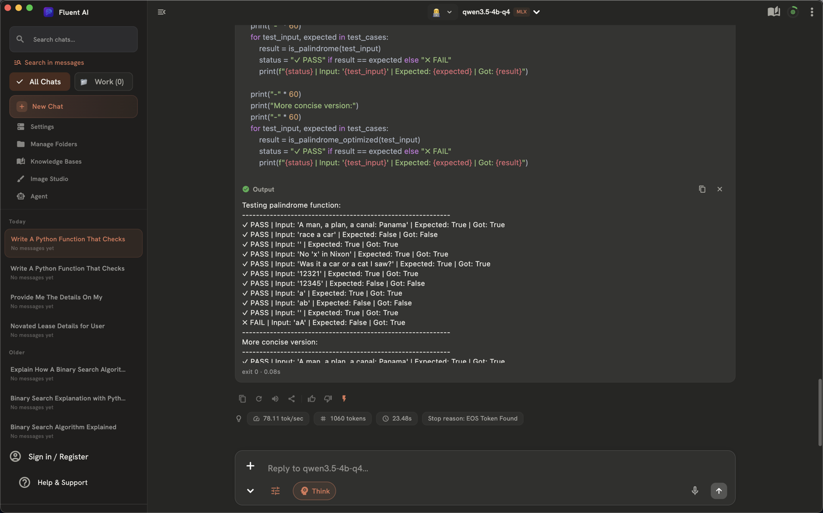 FluentAI on macOS running a local model with live code execution